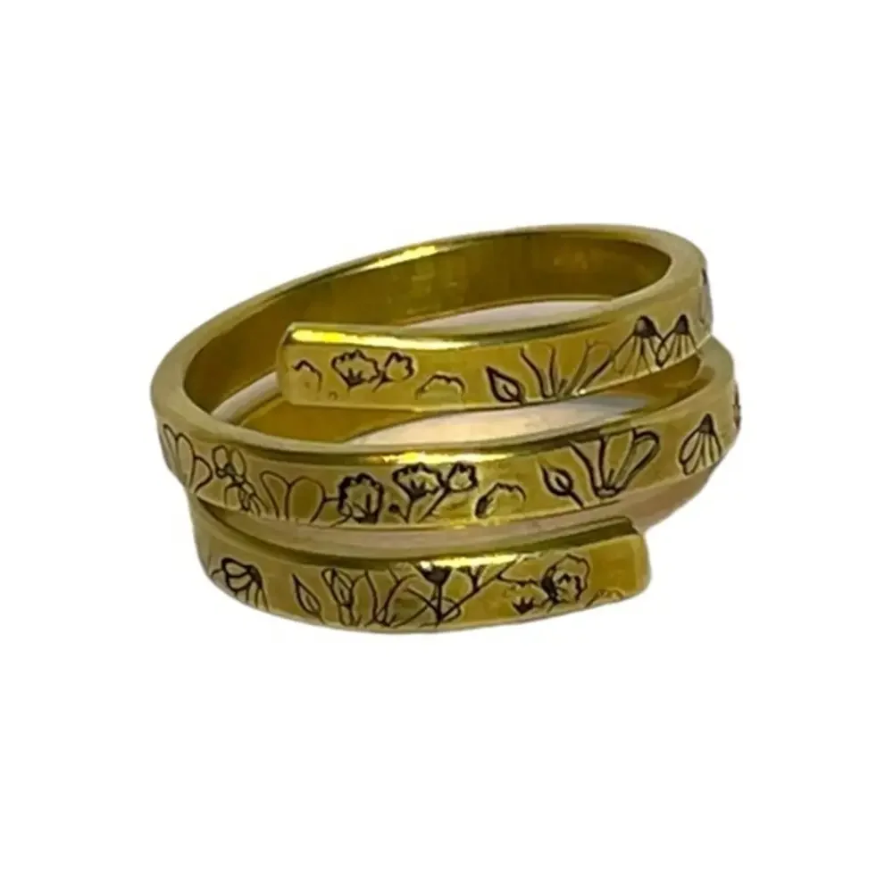 Handmade 9 stamped floral glam gold tone brass adjustable‎ wrap ring